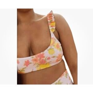 Aerie Beige Freesia Floral Ruffle Strap Double Scoop Bikini Top Size M